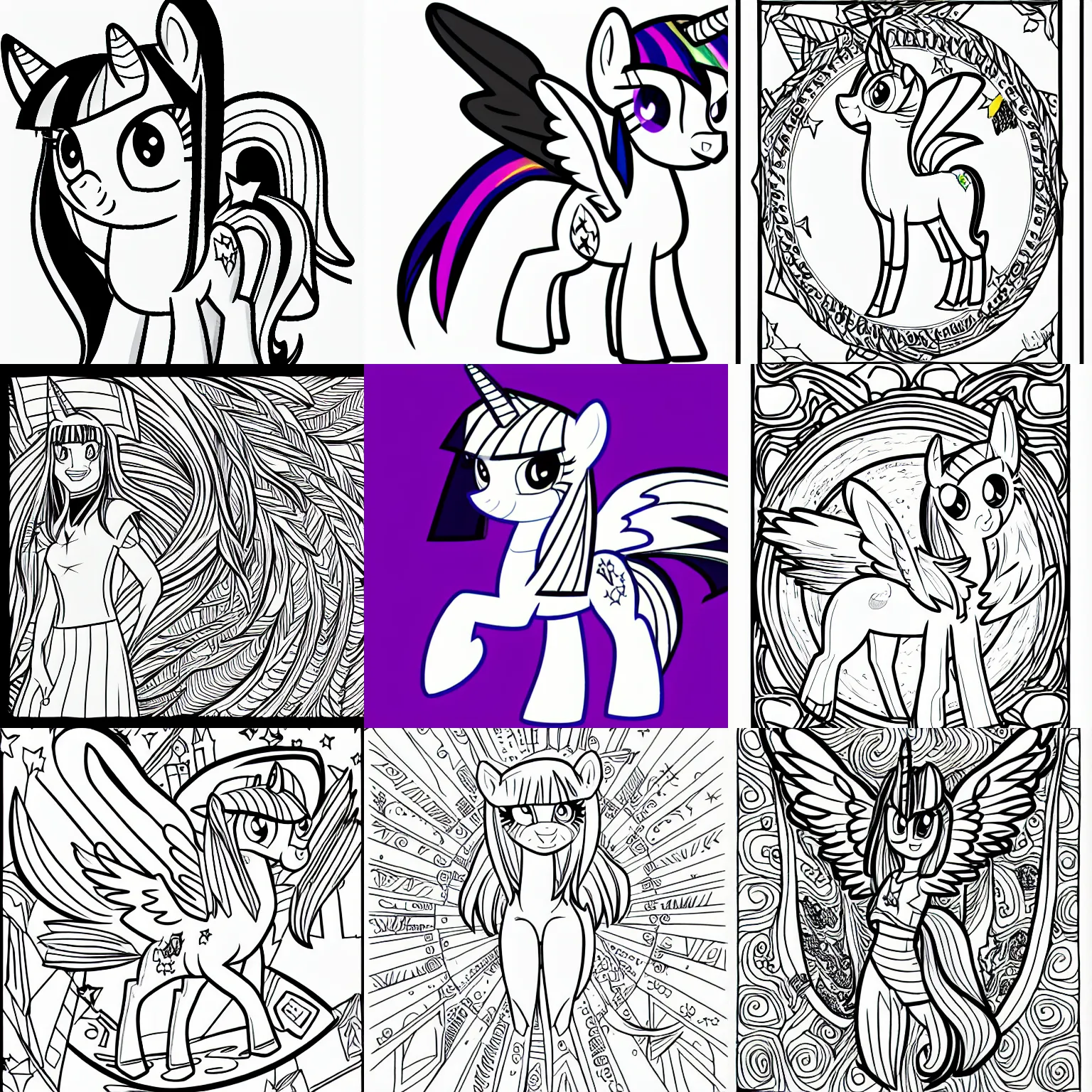 Prompt: Twilight Sparkle, uncolored black and white page from a coloring book, character art by Lauren Faust