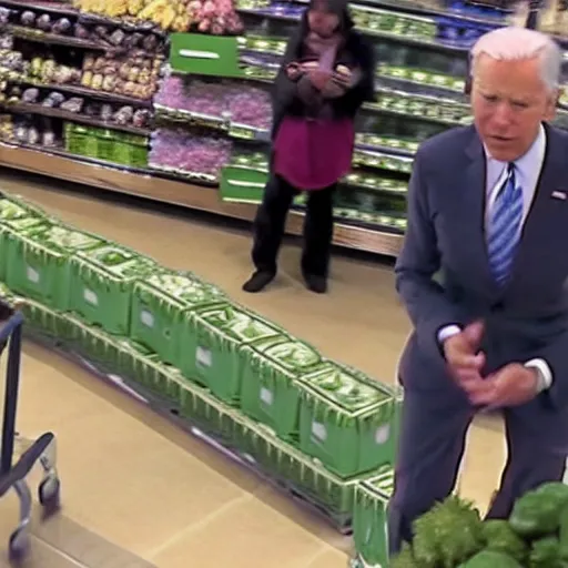 Image similar to joe biden at whole foods grocery store, surveillance camera