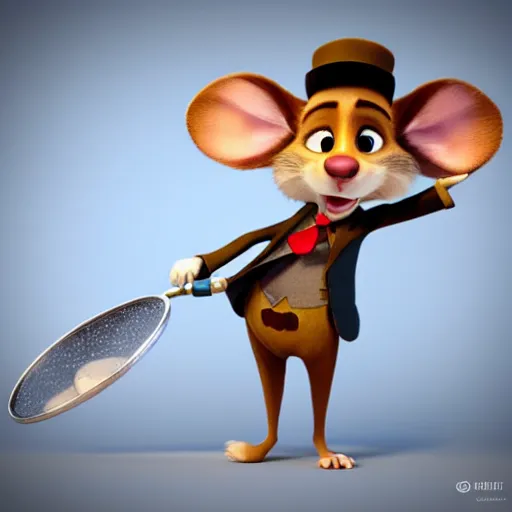 Prompt: basil mouse detective using a magnifying glass, pixar style, character adoptable, highly detailed, rendered, raytracing, cgi animated, 3 d demo reel avatar, style of maple story and zootopia, cool clothes, soft shade, soft lighting
