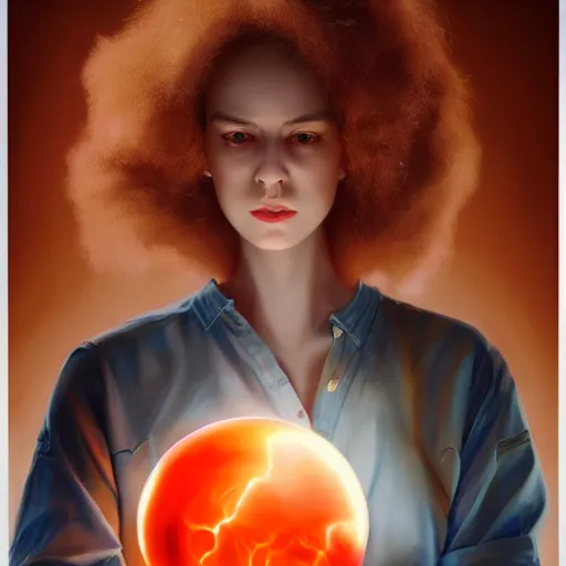 Image similar to woman holding a ball of plasma, wearing a shirt, beautiful face, digital art, expressive oil painting, highly detailed, trending on artstation, realism, octane render