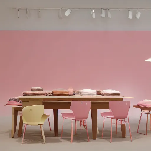 Prompt: An ultra high definition, professional photograph of an IKEA showroom located on a pastel pink beach ((with pastel pink, dimpled sand where every item is pastel pink. The sun can be seen rising through a window in the showroom.)) The showroom unit is outdoors and the floor is made of dimpled sand. Morning time indirect lighting with on location production lighting on the showroom. In the style of wallpaper magazine, Wes Anderson.