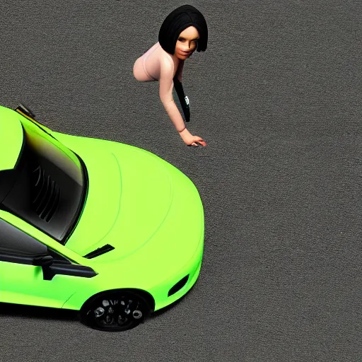 Image similar to a woman driving a Jada toys mitsubishi eclipse green diecast car, high resolution macro photo, viewed through the cars window