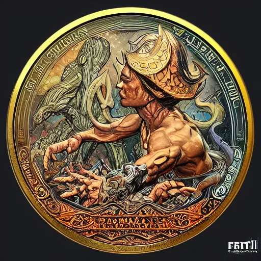 Image similar to an intricate coin, by greg rutkowski and frank frazetta and peter mohrbacher and william blake and dan mumford