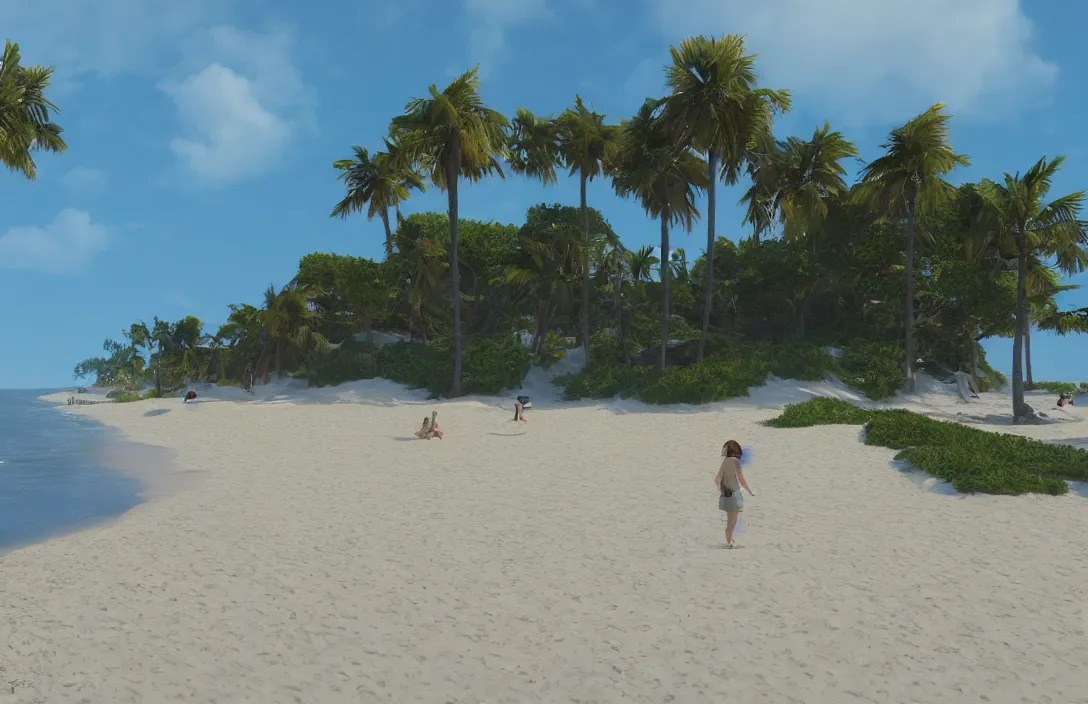 Image similar to on the beach by the sea, afternoon, very real, unreal engine rendering