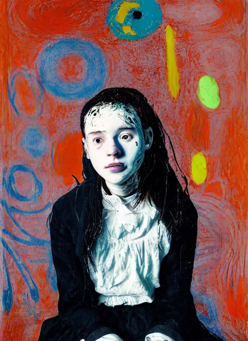 Image similar to portrait of a 1 5 year old girl jester sitting on a stool, by vincent lefevre and hernan bas and pat steir and hilma af klint, psychological, photorealistic, symmetrical face, dripping paint, washy brush, threads, rendered in octane, altermodern, masterpiece