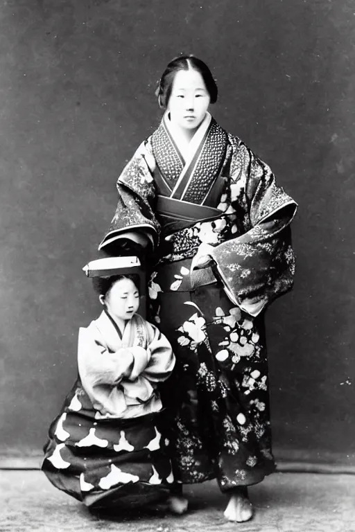 Image similar to anthropomorphic asian black bear in samurai armor, posing with little Japanese girl in kimono, 1900s photo