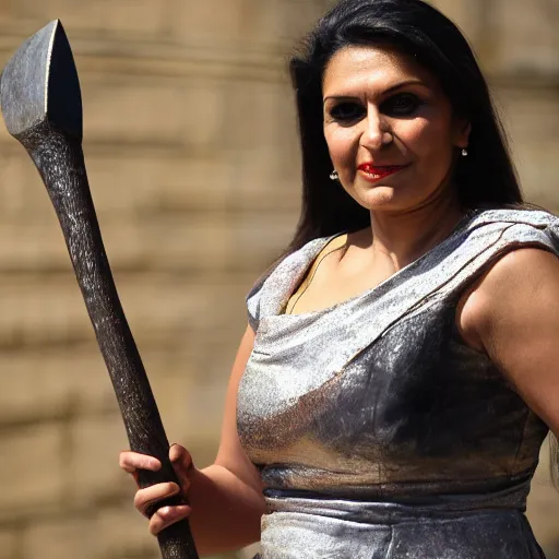 Image similar to A medium shot photograph of priti patel holding a large medieval axe, 4k , HD