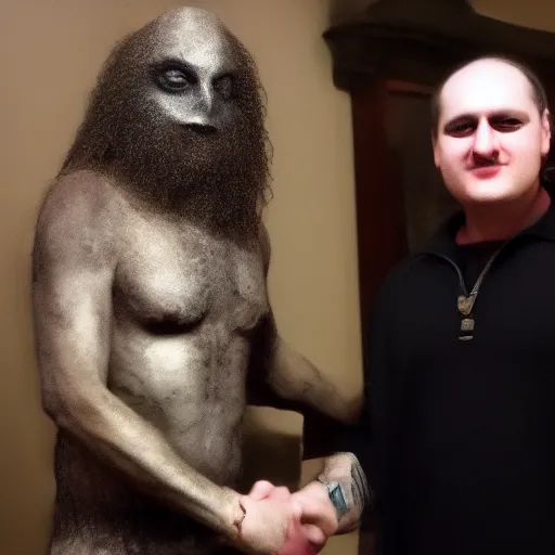 Image similar to A lizard person shaking hands with a religious icon, horror, black metal