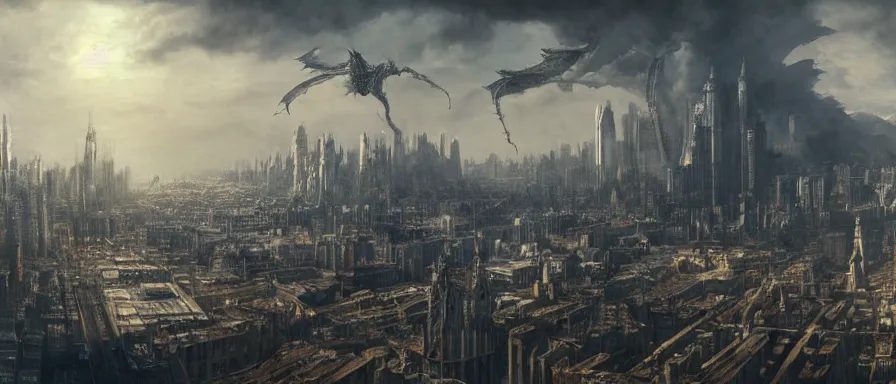 Image similar to one dragon flying over the city, detailed matte painting, trending on artstation, by Alan Lee, James Gurney, cinematic