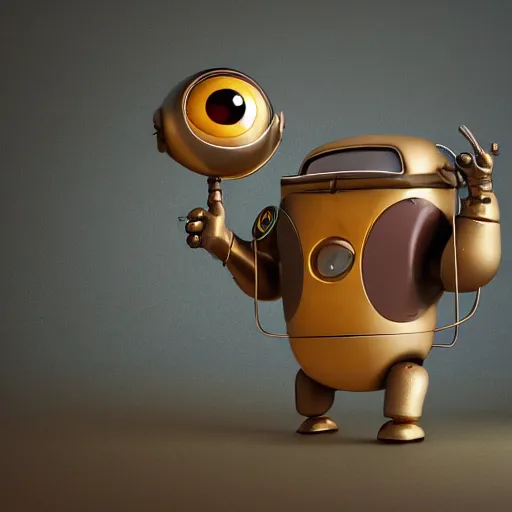 Image similar to gediminas pranckevicius, a small chubby bot, smooth panelling, one large gold eye intricate detail, style of pokemon, with damaged rusty arms, broken antenna, recycled, floating, white studio, oil, mechanical, toy, ambient light, in the style of pixar animation, pokedstudios, blender, octane render, 8 k,