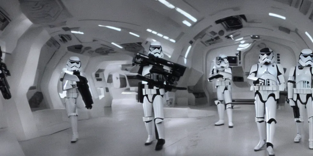 Prompt: a film still of star wars directed by Stanley Kubrick