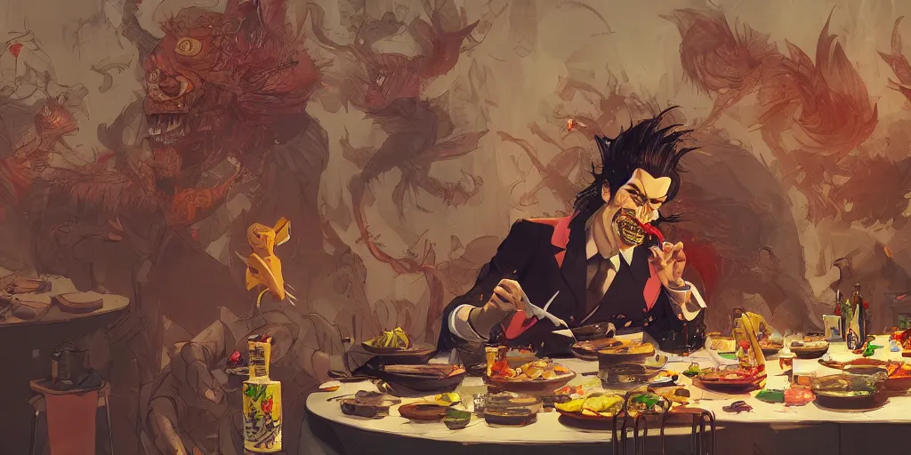 Image similar to cartoonish many sides of nick cave eating dinner, vivid colors, character sheet, fine details, concept design, contrast, kim jung gi, greg rutkowski, trending on artstation, 8 k, full body, turnaround, front view, back view, ultra wide angle