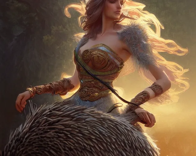 Image similar to woman riding an emu, deep focus,, fantasy, intricate, elegant, highly detailed, digital painting, artstation, concept art, matte, sharp focus, illustration, hearthstone, art by artgerm and greg rutkowski and alphonse mucha