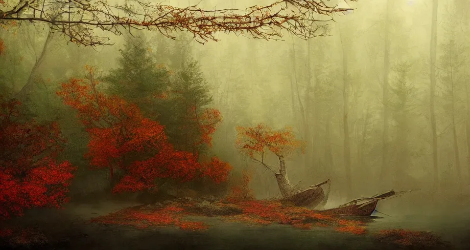 Image similar to an old broken ship in an autumn forest, green and red tones, by Aron Wiesenfeld and beksincki, cinematic, detailed illustration, nature, fog, dark colors, suspense, intricate, 8k