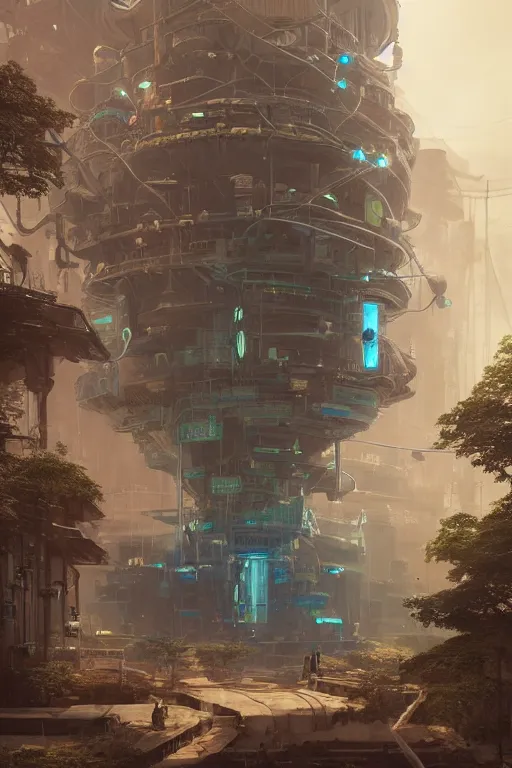 Image similar to Digital concept art, detailed s the giant detailed solarpunk computer by Hiromasa Ogura, highly Detailed digital concept art by Greg Rutkowski, Dimensional Cyan Gold Natural light, rendered in Octane Render