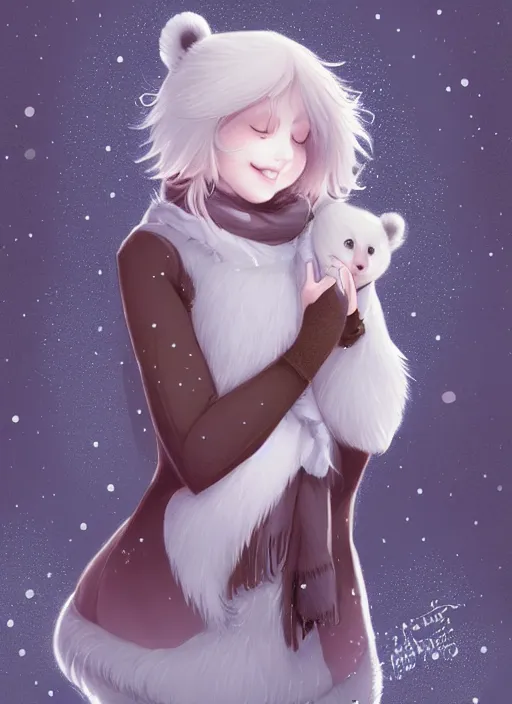 Image similar to award winning beautiful portrait commission art of a female furry anthro polar bear fursona with a cute beautiful attractive detailed feminine furry face wearing a cute stylish winter sweater and pants at a comfy winter cabin at dusk by firelight. Character design by charlie bowater, ross tran, artgerm, and makoto shinkai, detailed, inked, western comic book art