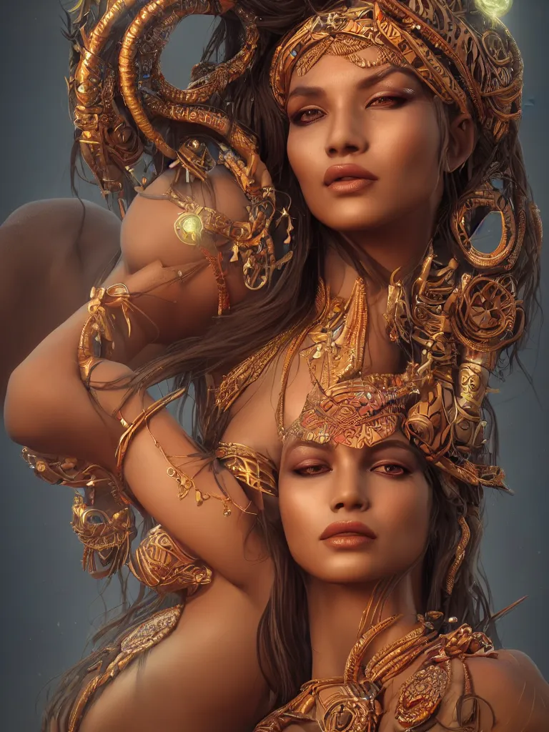 Image similar to a centered render of an alluring tribal goddess, full body, gorgeous face, perfect face, powerful, by anna dittmann, 3 d, trending on artstation, octane render, 8 k