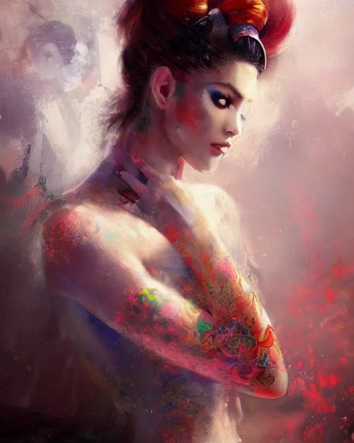 Image similar to an epic painting of sailor moon as a real girl, sailor moon hairstyle, oriental tattoos, realism, dramatic, intricate, by jeremy mann and greg rutkowski, dramatic earth colors, few vivid red highlights, trending on artstation, pixiv, oil on canvas