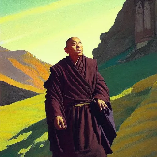 Image similar to sienna portrait of the astute monk crimson and sienna robe ascending the mountain to the monastery paro taktsang jamie wyeth james gilleard edward hopper oil painting