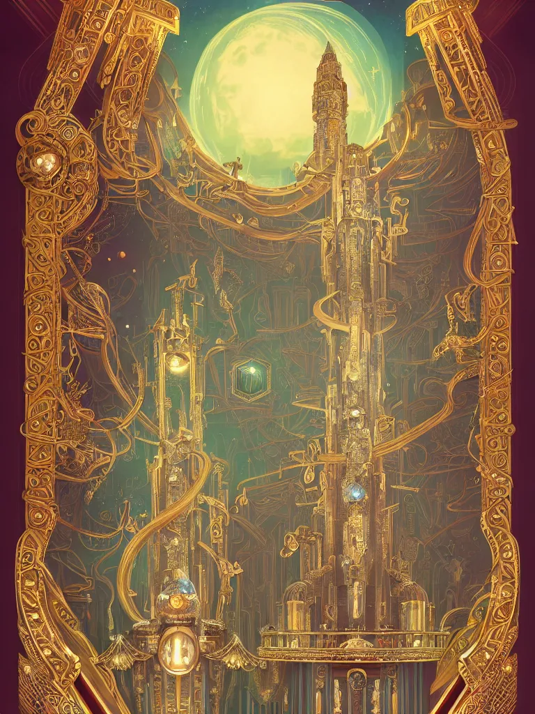 Prompt: art deco poster illustration highly detailed ornate with jewels and precious metals majestic in the entrance castle kingdom of shambala, space ships, futuristic, land of advanced races, giants, hollow earth, hiperrealistc, global illumination, radiant light, detailed and intricate environment. art by oleg oprisco, 8 k