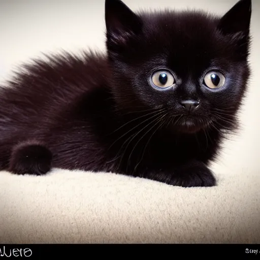 Image similar to black kitten! laying on it ‘ s back showing it ‘ s fluffy belly while looking at the camera!, photorealistic, anatomically correct, sharp focus, 4 k, beautiful,