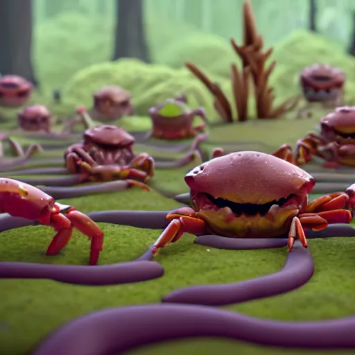 Prompt: large group of crabs and worms, crawling along a bed of moss, low poly, creeper world, handcrafted, artstation, hyperrealistic, hard light, best practices, creeptastic, photorealism, macro perspective, cuddly, Voidless of the Festival!, The Graveyard!!, Blood moon tentacles, outsider art!!!, The ego separates by Wojciech Siudmak!!!!