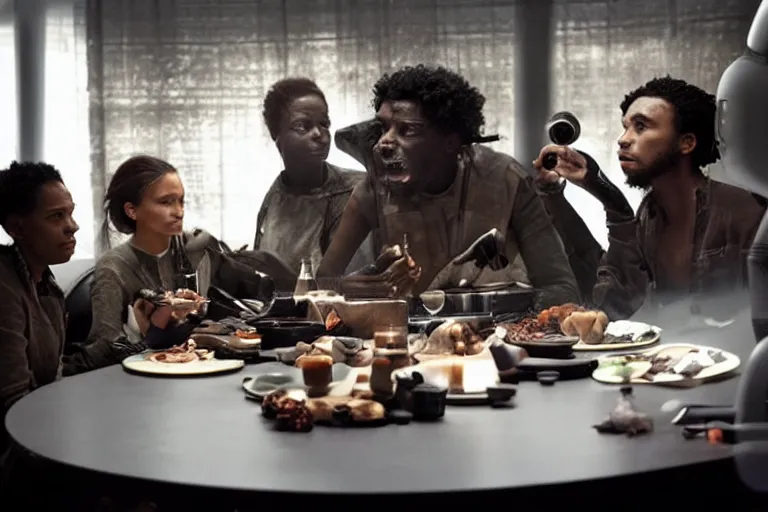 Image similar to movie closeup diverse interracial small team of European sci-fi futuristic space explorers talking at the table in a spaceship kitchen, beautiful skin, Symmetrical faces. Beautiful lighting by Emmanuel Lubezki