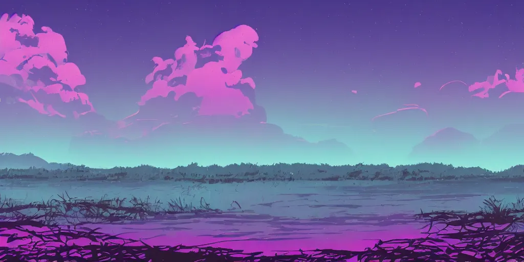 Image similar to A Background of a synthwave marsh environment