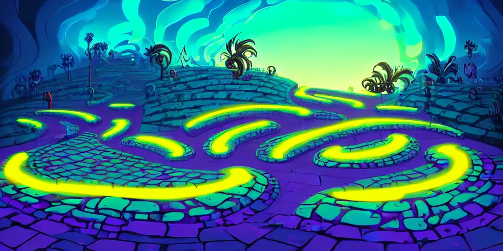 Prompt: neon light, night dark, curled perspective digital art of spiral clouds cobblestone street in top of a hill with curly palmtrees by anton fadeev from nightmare before christmas, lorax movie