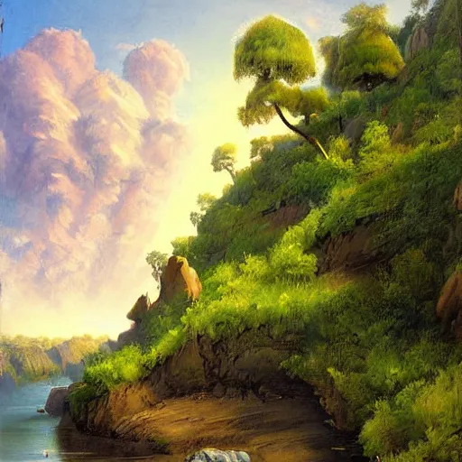 Image similar to painting of a lush natural scene on an alien planet by igor grabar. beautiful landscape. weird vegetation. cliffs and water.