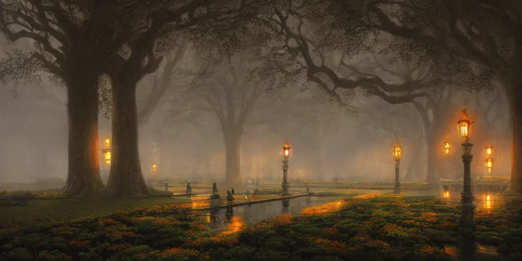 Prompt: beautiful render of glorious palace gardens, by lee madgwick and hubert robert, blade runner style, orange glow, vivid color, moody lighting, unreal engine, foggy