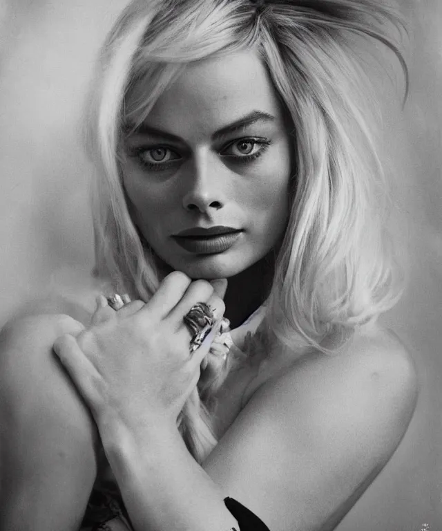 Prompt: a color photograph of margot robbie, by diane arbus, platinum blond, intense, bold, exaggerated, ultra sharp, extra details, ultra high quality, trending on pinteresst