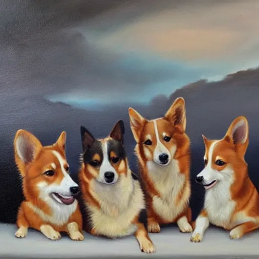 Prompt: highly detailed oil painting of corgis by bosch