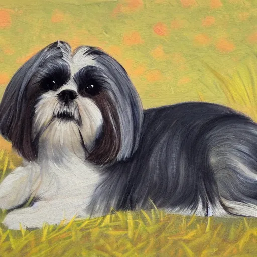 Prompt: detailed painting of a shih tzu laying in a open field