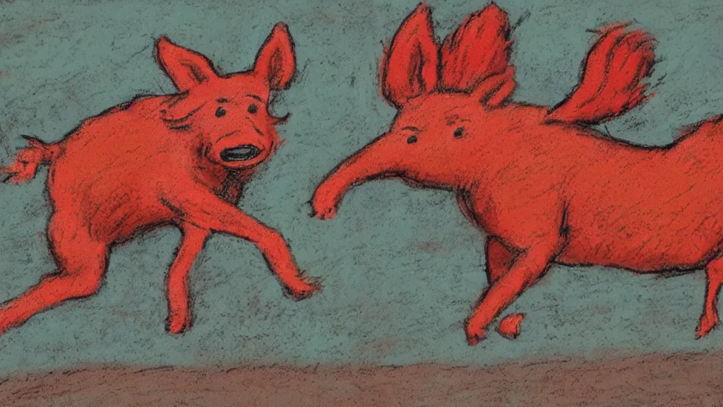 Prompt: a man with red hair running, pastel art, in a symbolic and meaningful style, feral hogs