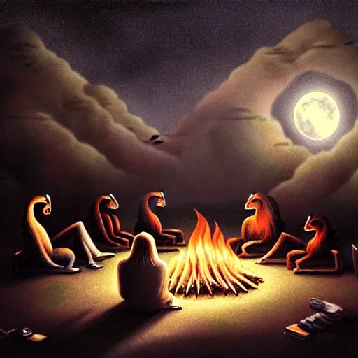 Image similar to strange mythical beasts of sitting around a fire under a full moon, surreal dark uncanny painting by ronny khalil