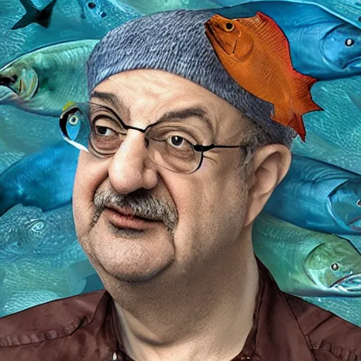 Image similar to salmon hybrid chimera with salman rushdie's face swimming in a river