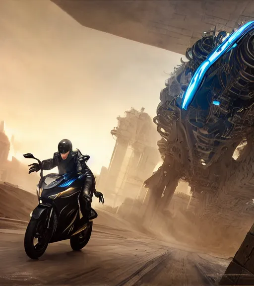 Prompt: riding a futuristic motorcycle in the crowded race to the ancient destroyed tower of babylon, hyper realistic, blockchain, cyber world, ambient lighting, concept art, intricate, hyper detailed, tarkovsky greatest scene, smooth, dynamic volumetric lighting, octane, ray trace, cinematic, high quality, high resolution, 4 k, cgsociety, greg rutkowski, gurney