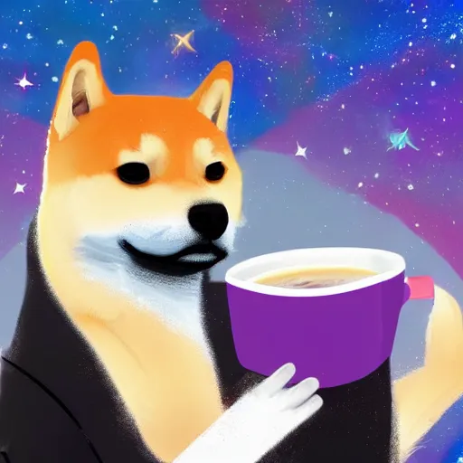 Prompt: a digital painting of a shiba inu astronaut drinking a cup of coffee in space. colorful sky full of stars, gas nebula ans galaxies. 8 k ultra hd, sharp and coherent, trending on artstation, extremely detailed, reveal lighting