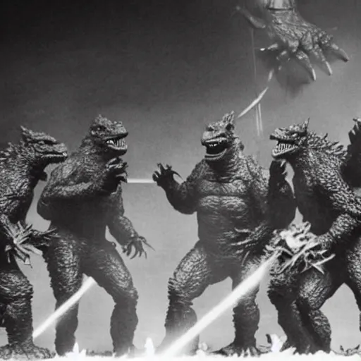 Image similar to army of godzilla on stage, smoking weed