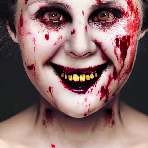 Image similar to woman with crazed, bloodshot eyes and a creepy smile, photorealistic photography, 8k quality, 8k, close-up imagery, macro photography, close-up imagery, macro photography