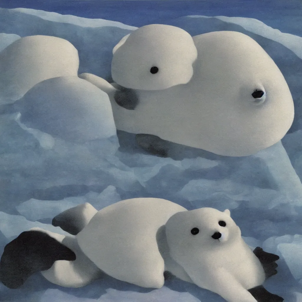 Image similar to a baby harp seal, painting by rene magritte, glaciers and ice and snow