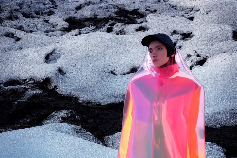 Image similar to an ultra high definition professional high fashion portrait studio full length photograph of a model wearing a transparent pearlescent raincoat and neon visor in an icelandic black rock environment at dawn. no artefacts. extremely detailed. stark. shallow depth of field. volumetric light and shadow. ray tracing. light ray.