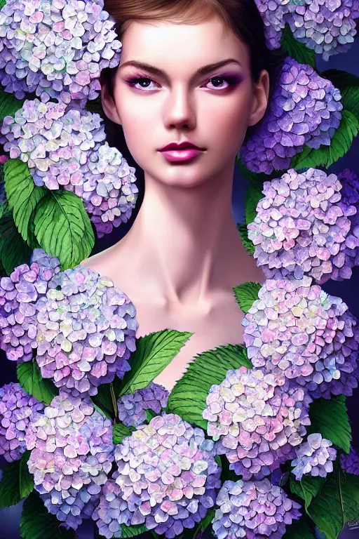 Prompt: hyper realistic digital painting a beautiful young sexy woman morphing into hydrangea flowers who looks like a mix of Audrey Hepburn and Taylor Swift portrait , painting by Anna Dittman and Ayami Kojima, perfect skin, perfect face, gorgeous, symmetrical face, symmetrical body, artgerm, long flowing hair, realistic, photorealistic, editorial photograph, DnD portrait, Magic the Gathering, detailed, intricate, focused, muted colors, trending on artstation