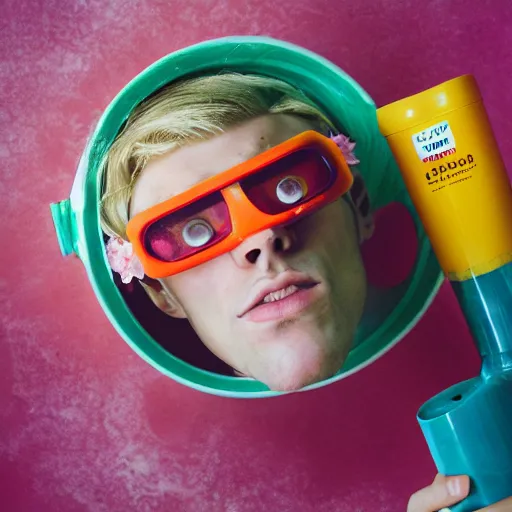 Prompt: close up kodak portra 4 0 0 portrait photograph of a skinny guy with blonde hair laying in a tub of milk, aerial view, wearing cyber goggles, flower crown, moody lighting, telephoto, 9 0 s vibe, blurry background, vaporwave colors, faded!,