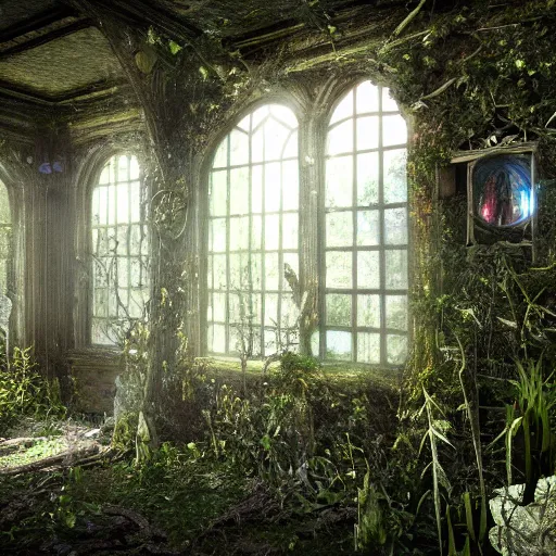 Image similar to overgrown victorian spiderwick abandoned house, highly detailed, crystal lighting, mystical, ancient forest, hyperrealistic, 4 k, unreal engine, highly detailed, dramatic lighting, magical, beautiful,