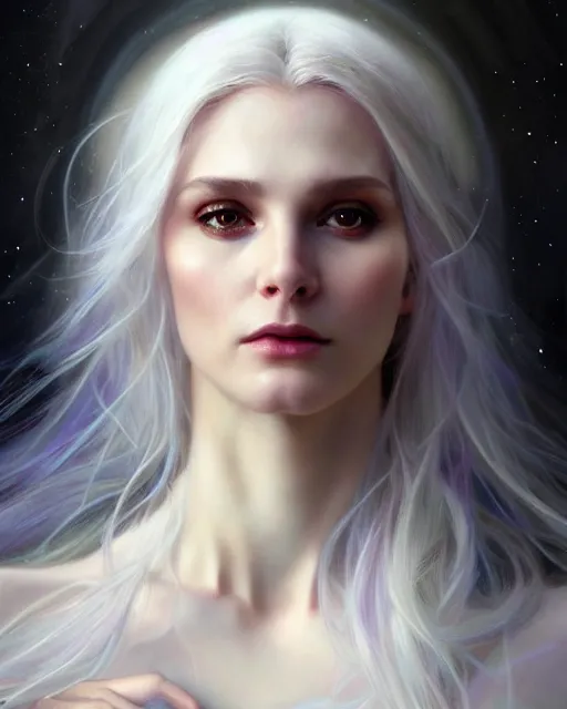 Image similar to realistic portrait of a beautiful white witch, bright witch, dark night, beautiful, heroic pose, beautiful face, magic, dark magic, dramatic lighting, intricate, wild, highly detailed, digital painting, artstation, concept art, smooth, sharp focus, illustration, art by artgerm and greg rutkowski and alphonse mucha, footage from space camera