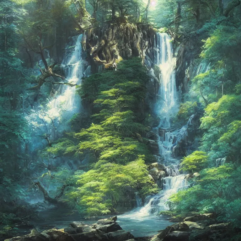 Image similar to A beautiful oil painting of a very tall waterfall on a very rocky cliff, in the middle of a huge forest of trees with bright blue glowing leaves, by Greg Rutkowski