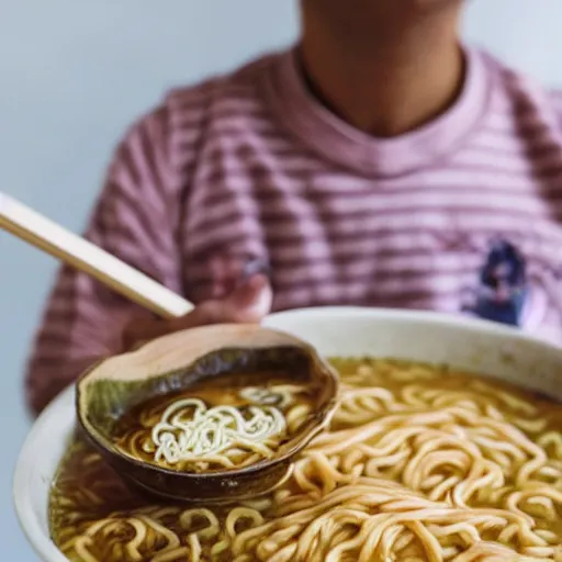 Image similar to a tiny man eating a gigantic bowl of ramen noodles, photorealistic, photograph