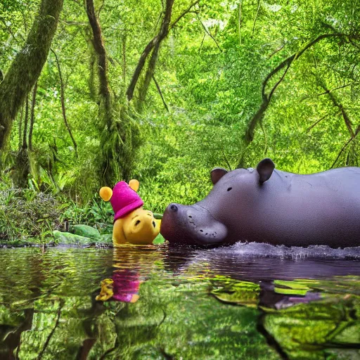 Image similar to Winnie the Pooh kissing a hippo in the jungle. Sony a7r IV, symmetric balance, polarizing filter, Photolab, lightroom, 8k, award-winning